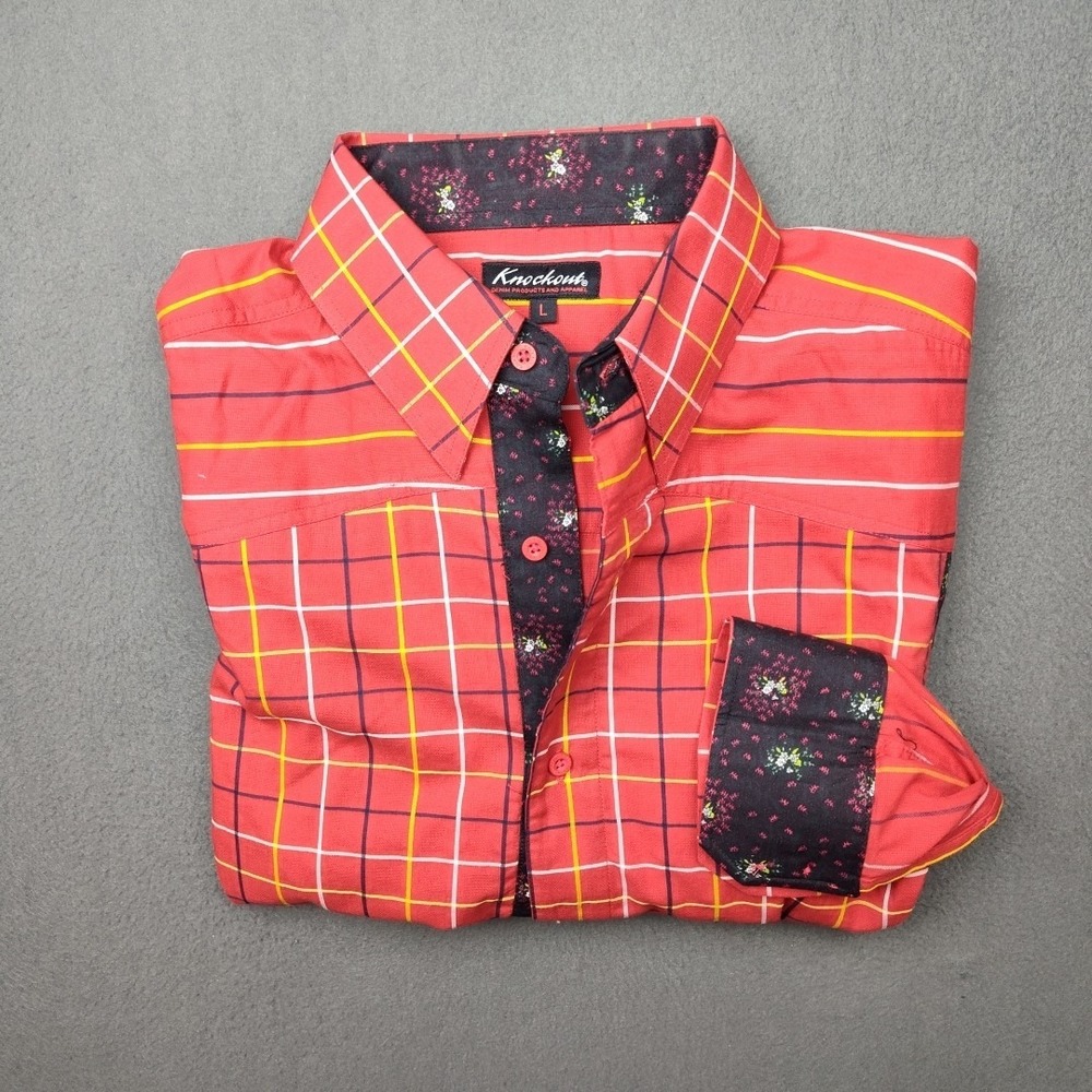 Knockout Shirt Men Extra Large Red Plaid Floral Flip Cuff Western Button Rodeo